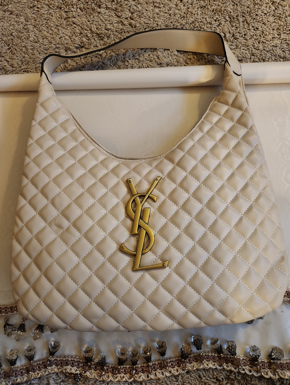 Saint Laurent Quilted Cream Shoulder Bag with Gold YSL Logo
